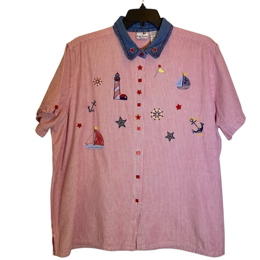 Bobbie Brooks Woman Plus size 26-28W Nautical red white stripe Embroidered Shirt